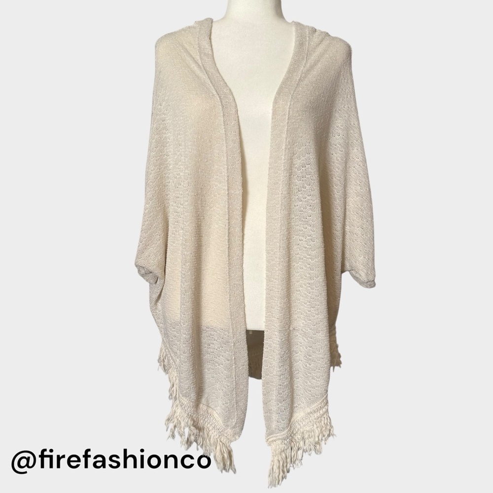 Alya Boho Hippie Beige Cream Knit Cardigan Kimono Fringe Medium Made In USA OS